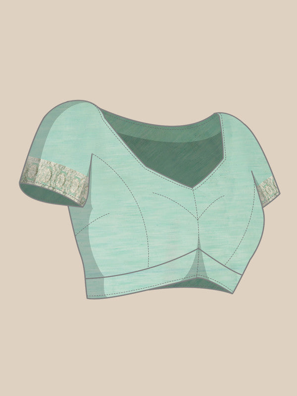 Turquoise Linen Floral Saree with Woven Thread Detail