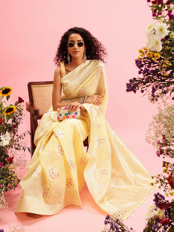 Yellow linen saree with woven thread floral patterns and an unstitched blouse piece