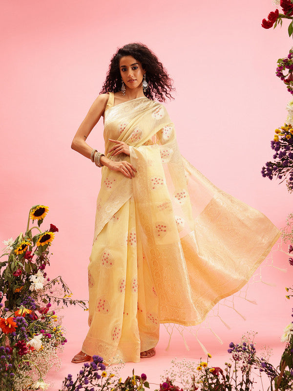 Yellow Linen Woven Thread Floral Saree with Unstitched Blouse
