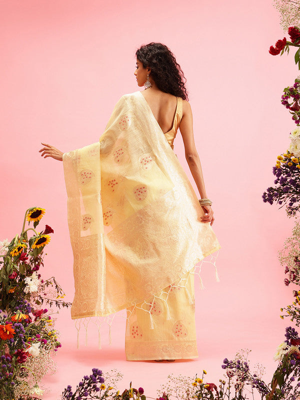 Yellow Linen Woven Thread Floral Saree with Unstitched Blouse