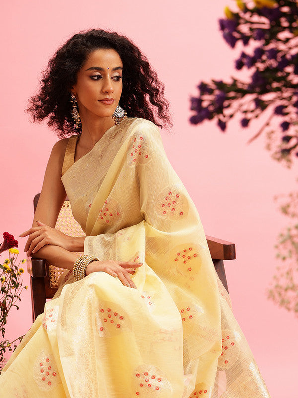 Yellow Linen Woven Thread Floral Saree with Unstitched Blouse