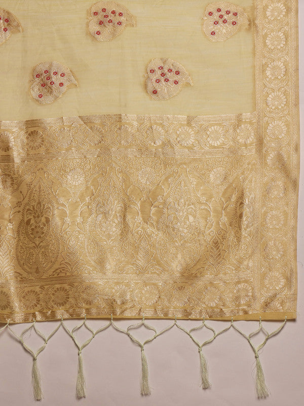 Yellow Linen Woven Thread Floral Saree with Unstitched Blouse