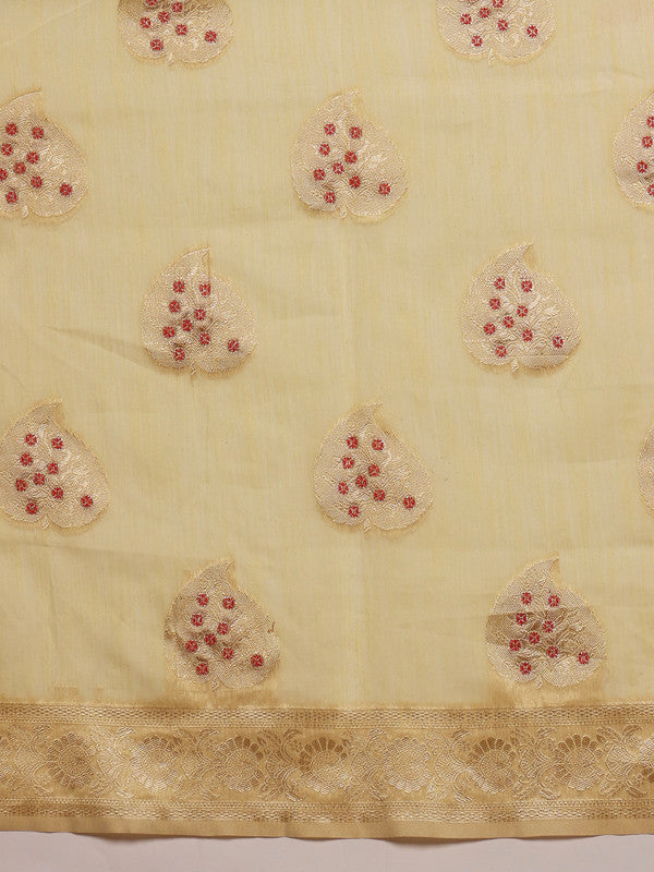 Yellow Linen Woven Thread Floral Saree with Unstitched Blouse