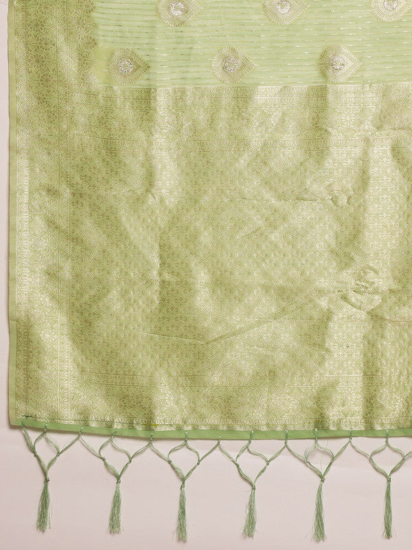 Green Linen Woven Thread Floral Saree with Unstitched Blouse - Hiral Fashion