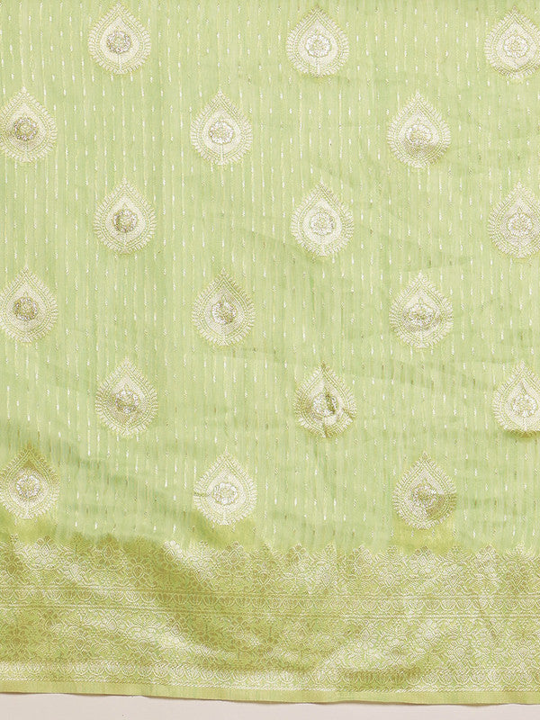 Green Linen Woven Thread Floral Saree with Unstitched Blouse - Hiral Fashion