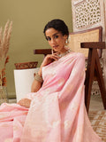 Light pink linen saree with woven thread floral design and unstitched blouse