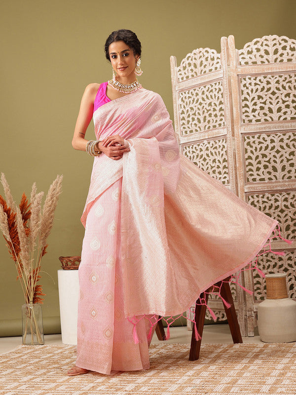 Light Pink Linen Woven Thread Floral Saree with Unstitched Blouse