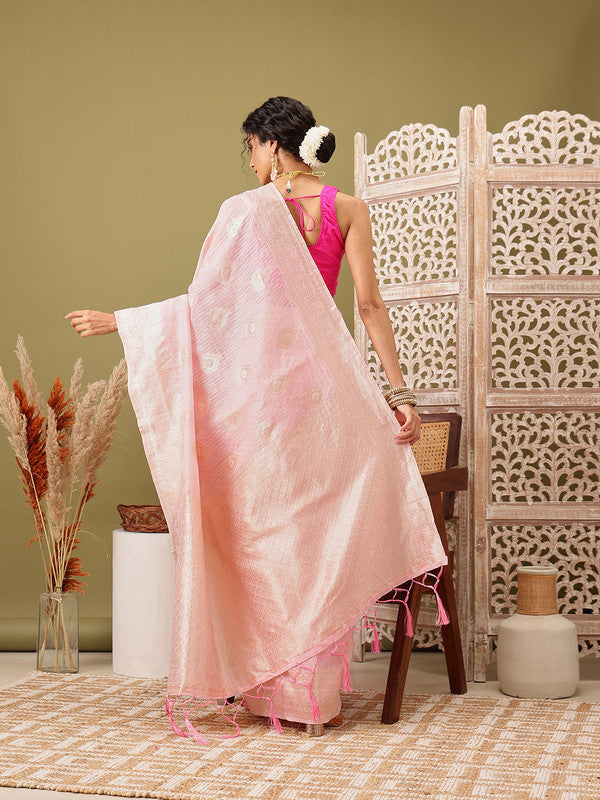 Light Pink Linen Woven Thread Floral Saree with Unstitched Blouse