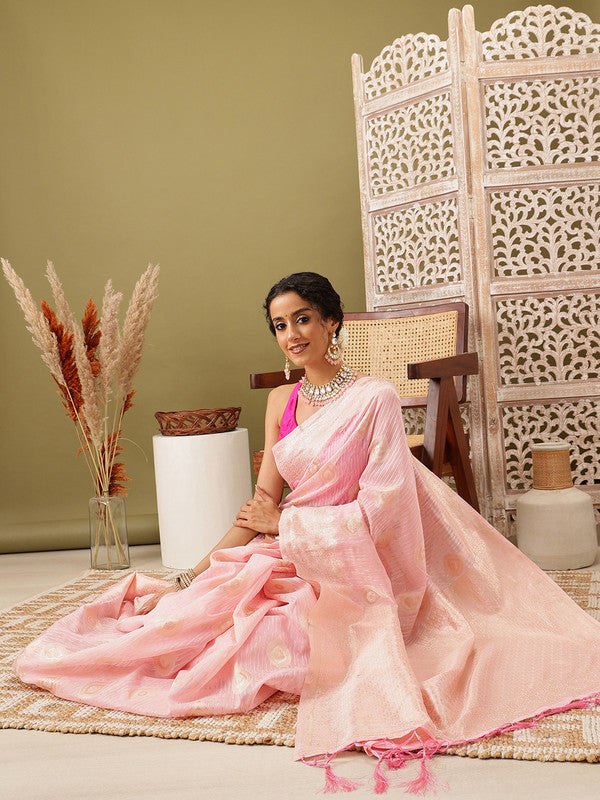 Light Pink Linen Woven Thread Floral Saree with Unstitched Blouse