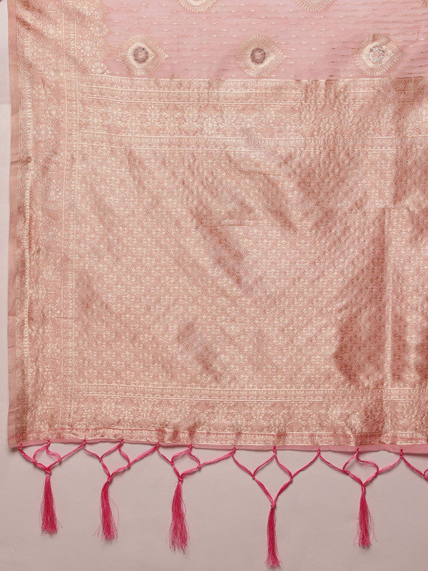 Light Pink Linen Woven Thread Floral Saree with Unstitched Blouse