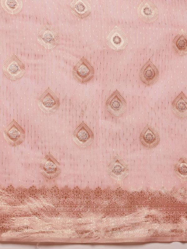 Light Pink Linen Woven Thread Floral Saree with Unstitched Blouse