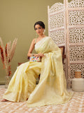 Yellow linen woven thread floral saree with unstitched blouse piece