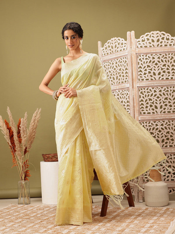 Yellow Linen Floral Saree with Unstitched Blouse Piece