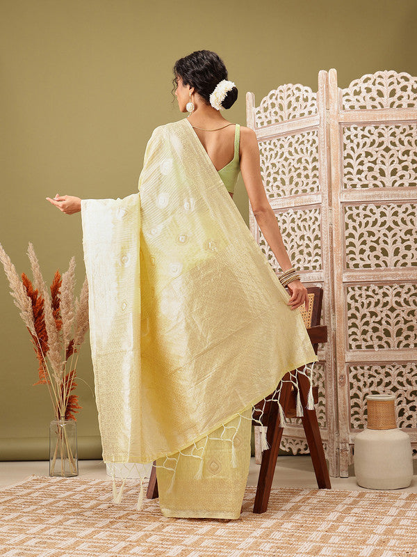 Yellow Linen Floral Saree with Unstitched Blouse Piece