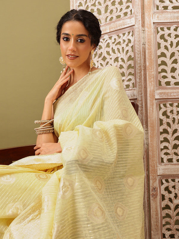 Yellow Linen Floral Saree with Unstitched Blouse Piece