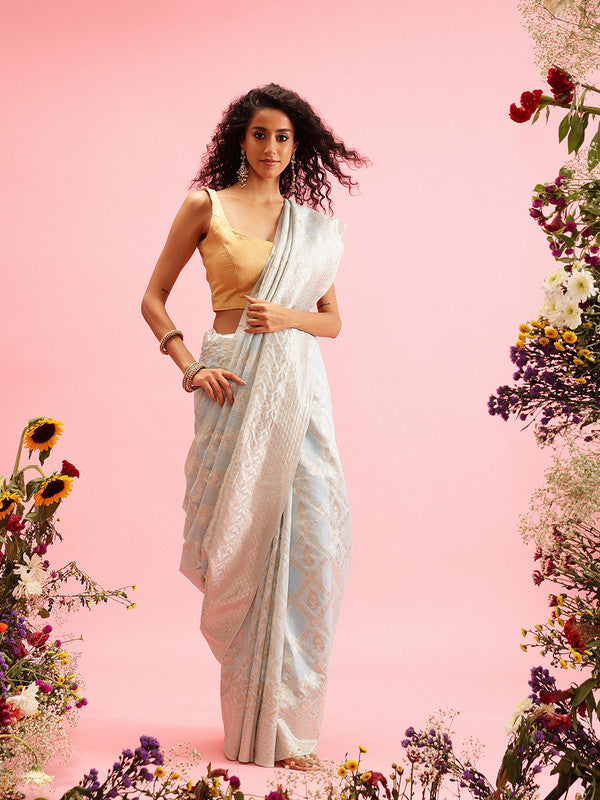 Blue Linen Woven Thread Geomatric Saree with Unstitched Blouse - Hiral Fashion