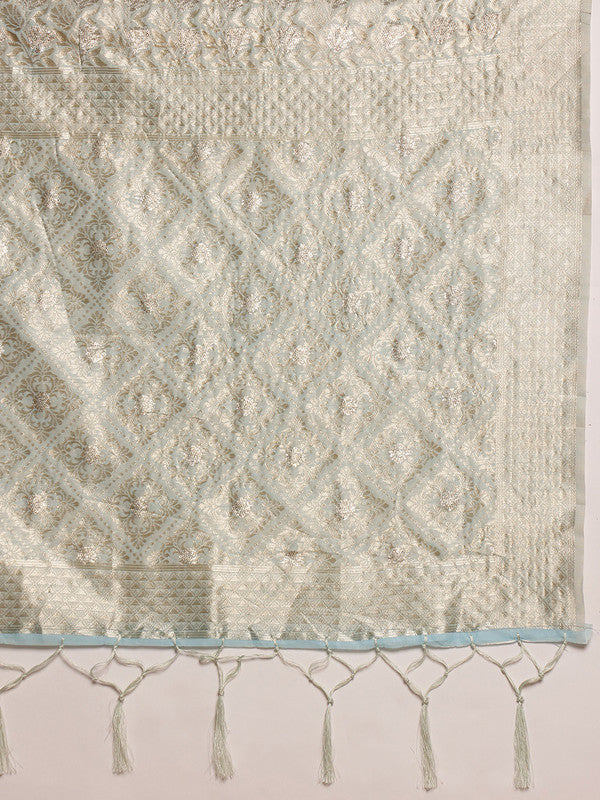 Blue Linen Woven Thread Geomatric Saree with Unstitched Blouse - Hiral Fashion