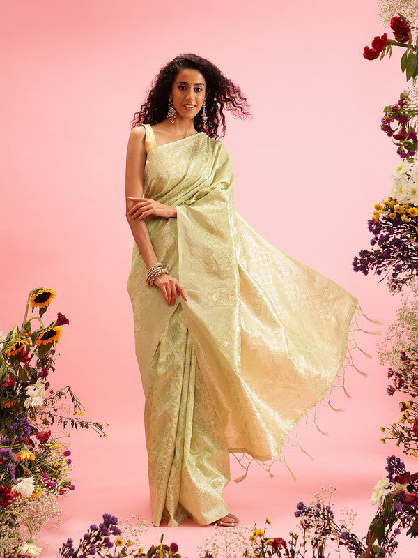 Green Linen Saree with Geometric Thread Work and Unstitched Blouse