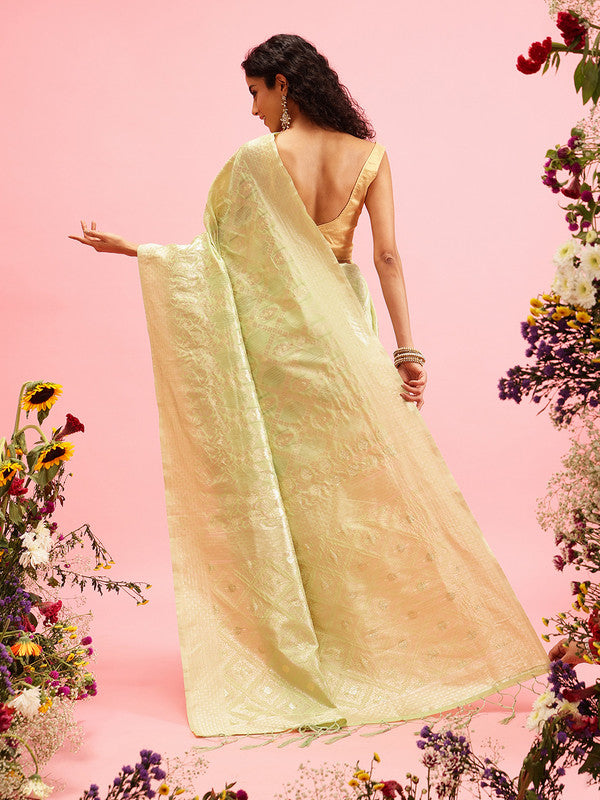 Green Linen Saree with Geometric Thread Work and Unstitched Blouse