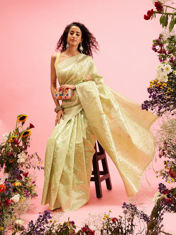 Green Linen Saree with Geometric Thread Work and Unstitched Blouse