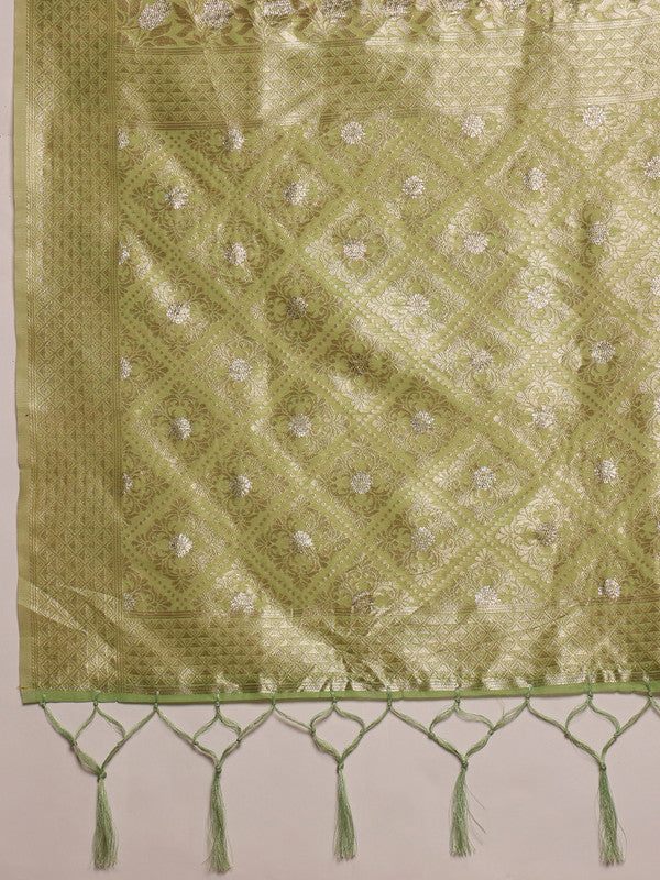 Green Linen Saree with Geometric Thread Work and Unstitched Blouse