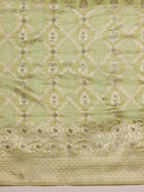 Green Linen Saree with Geometric Thread Work and Unstitched Blouse