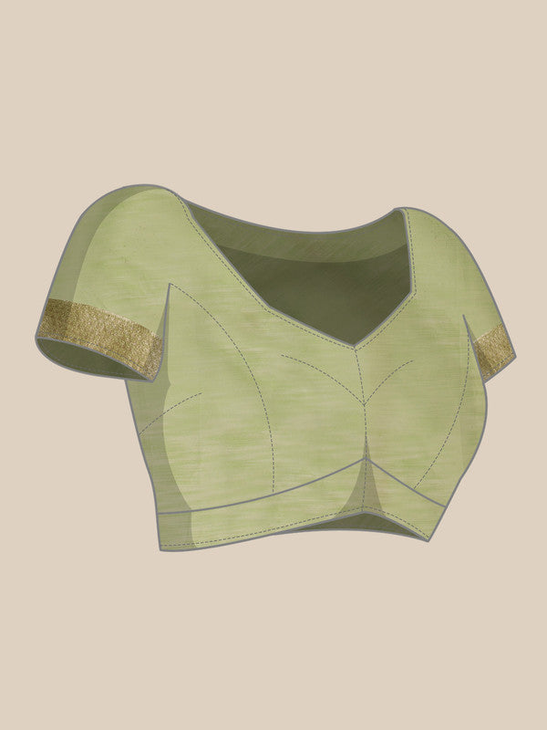 Green Linen Saree with Geometric Thread Work and Unstitched Blouse
