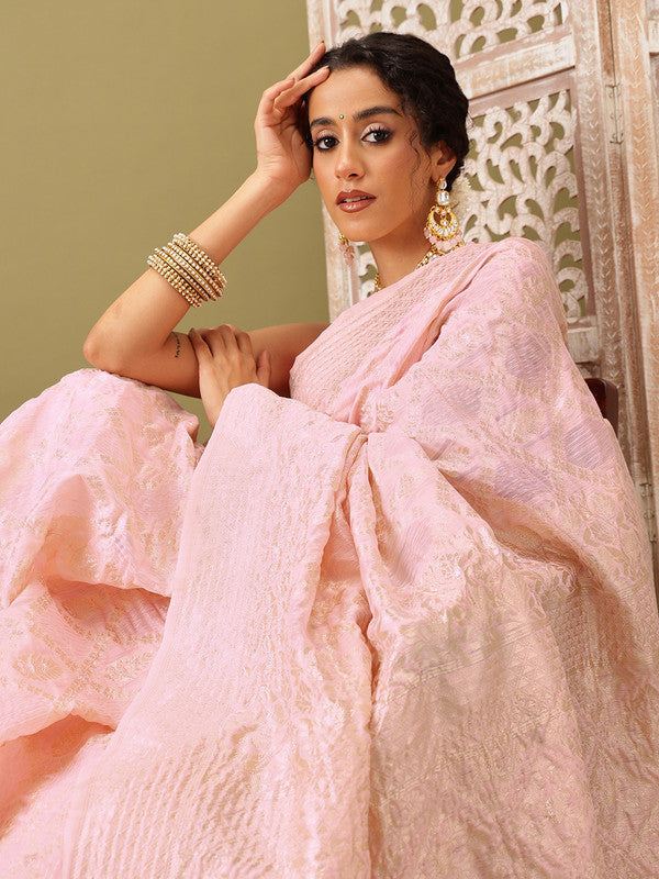 Light Pink Linen Geometric Saree with Unstitched Blouse Piece