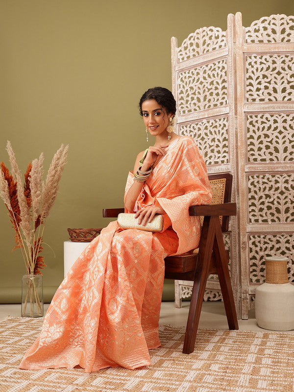 Peach Linen Woven Thread Geomatric Saree with Unstitched Blouse - Hiral Fashion