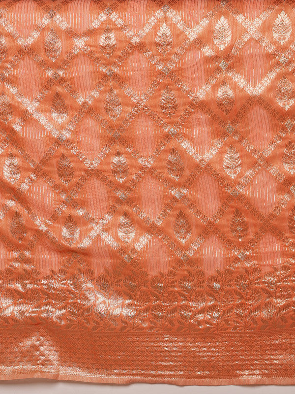 Peach Linen Woven Thread Geomatric Saree with Unstitched Blouse - Hiral Fashion