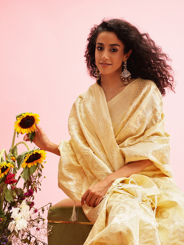 Yellow Linen Woven Thread Geomatric Saree with Unstitched Blouse - Hiral Fashion