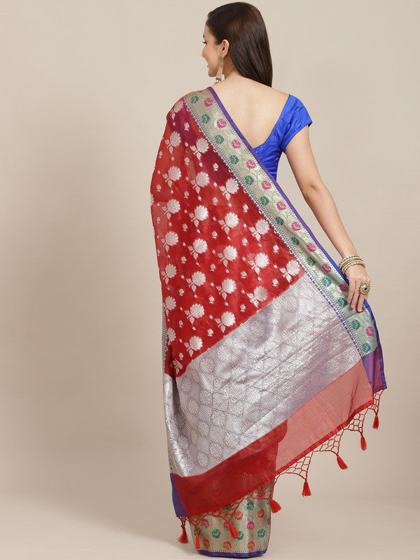 Red Art Silk Saree with Woven Zari Floral Design & Blouse
