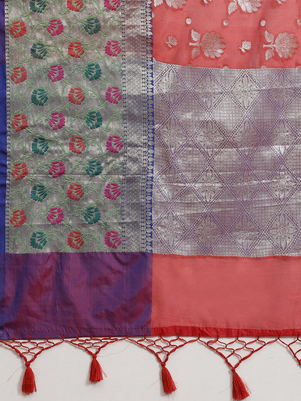 Red Art Silk Saree with Woven Zari Floral Design & Blouse