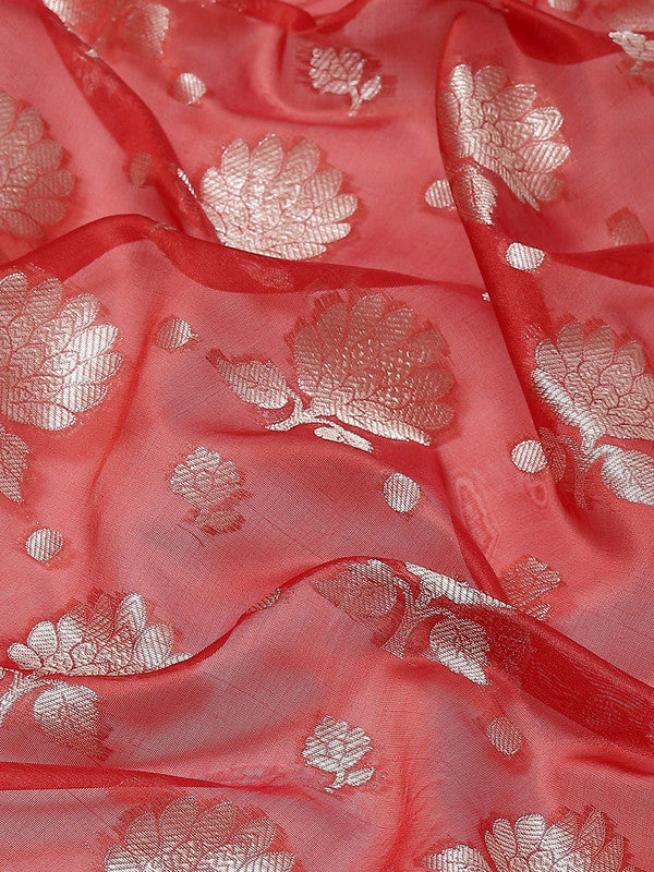 Red Art Silk Saree with Woven Zari Floral Design & Blouse