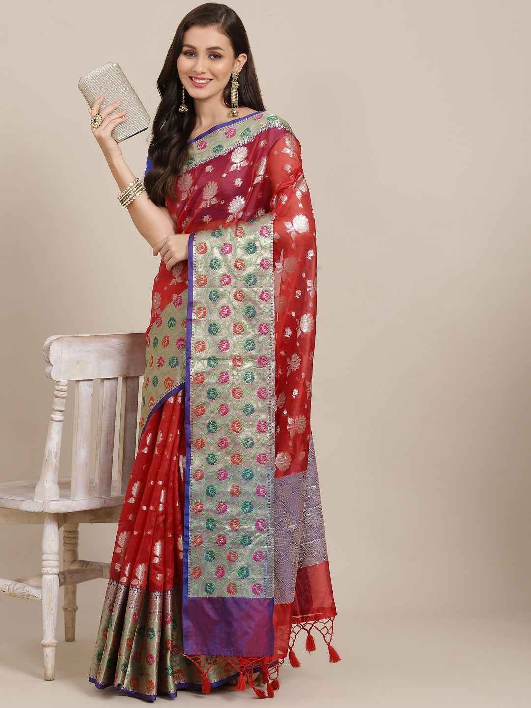 Red Art Silk saree with woven zari floral design