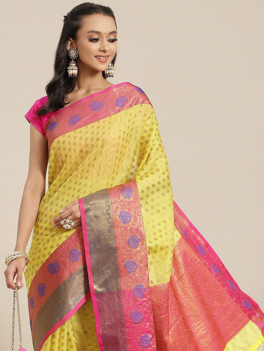 Yellow Kanjeevaram Art Silk Saree with Woven Design