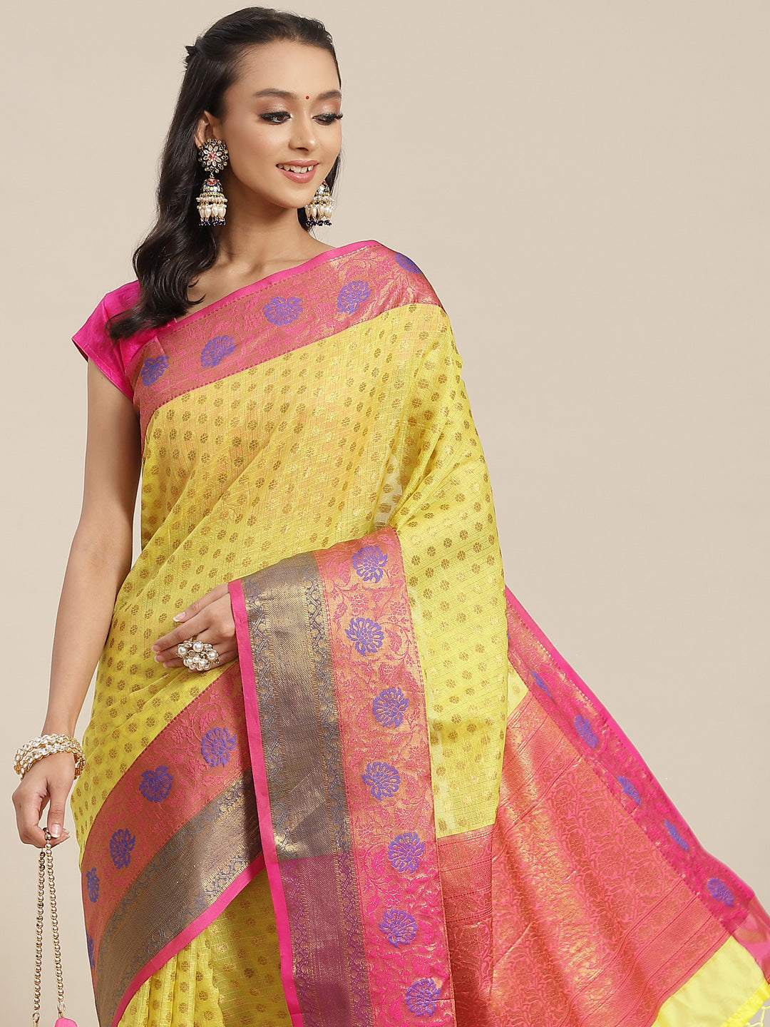 Yellow Kanjeevaram Art Silk Saree with Woven Design