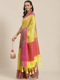 Bright yellow Kanjeevaram-style art silk saree with ornate woven patterns