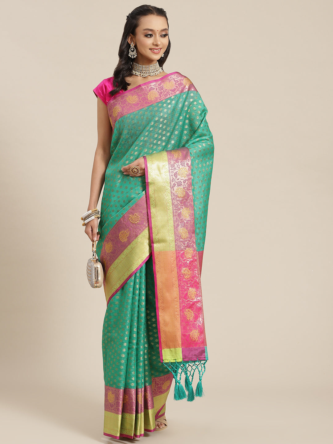 Green Kanjeevaram-style Art Silk saree with intricate woven details