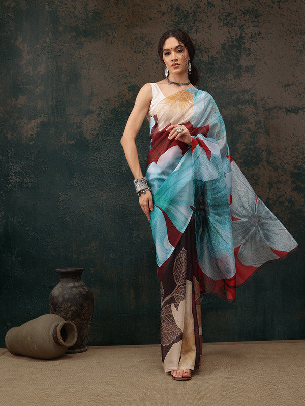 Elegant brown polyester saree with digital floral print and unstitched blouse