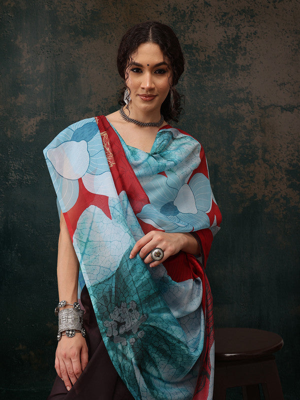 Brown Polyester Digital Print Floral Saree with Blouse Piece