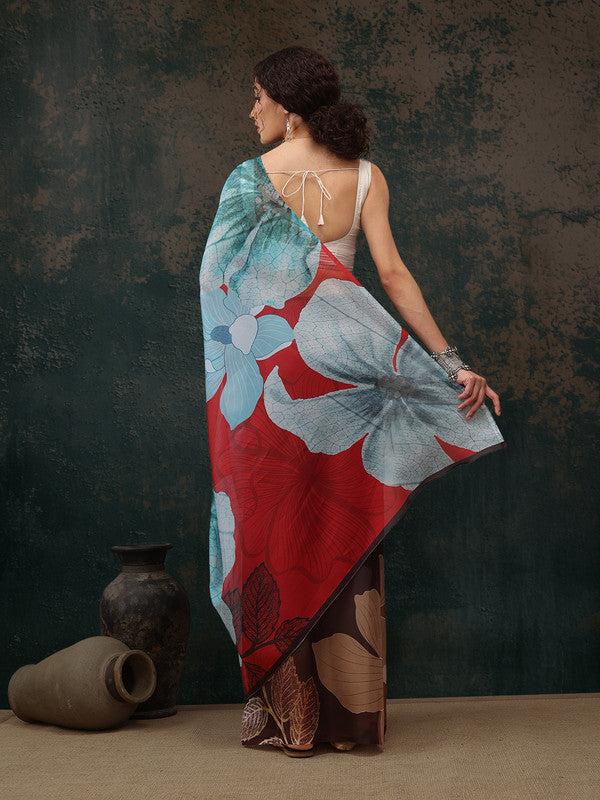 Brown Polyester Digital Print Floral Saree with Blouse Piece