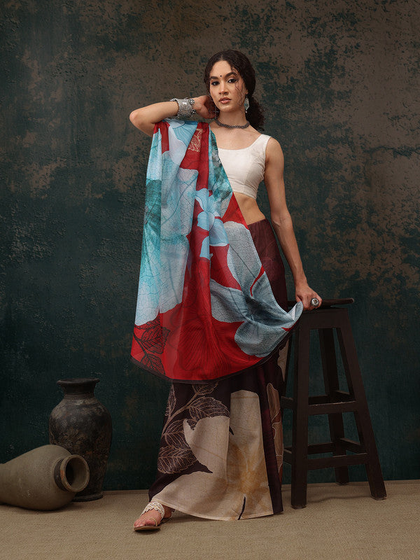 Brown Polyester Digital Print Floral Saree with Blouse Piece