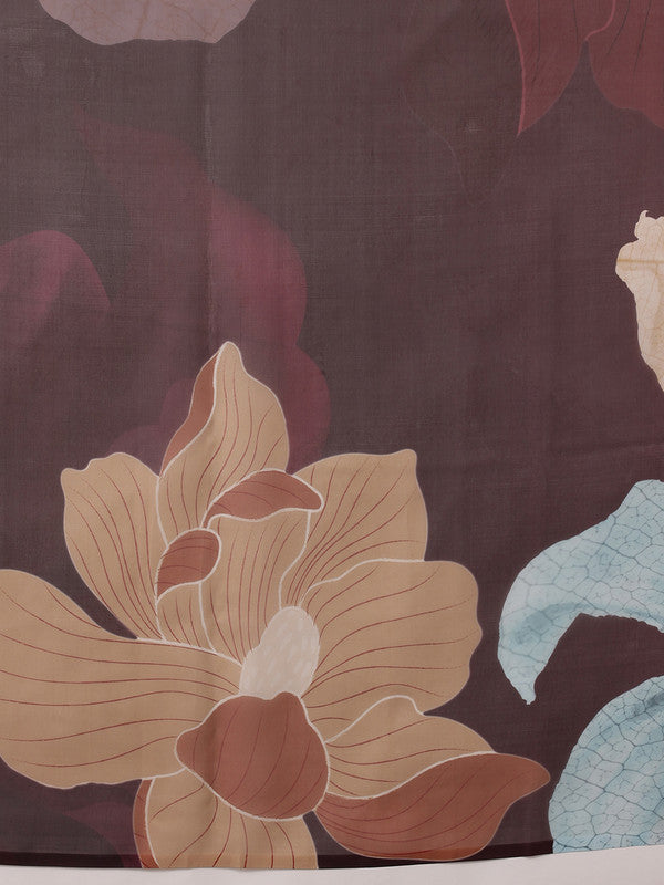 Brown Polyester Digital Print Floral Saree with Blouse Piece