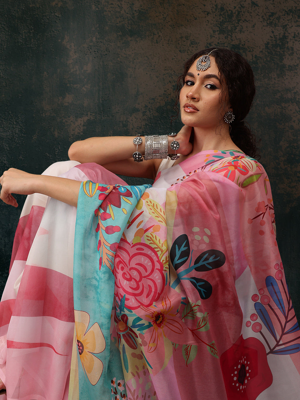 Multicolor Polyester Digital Print Floral Saree