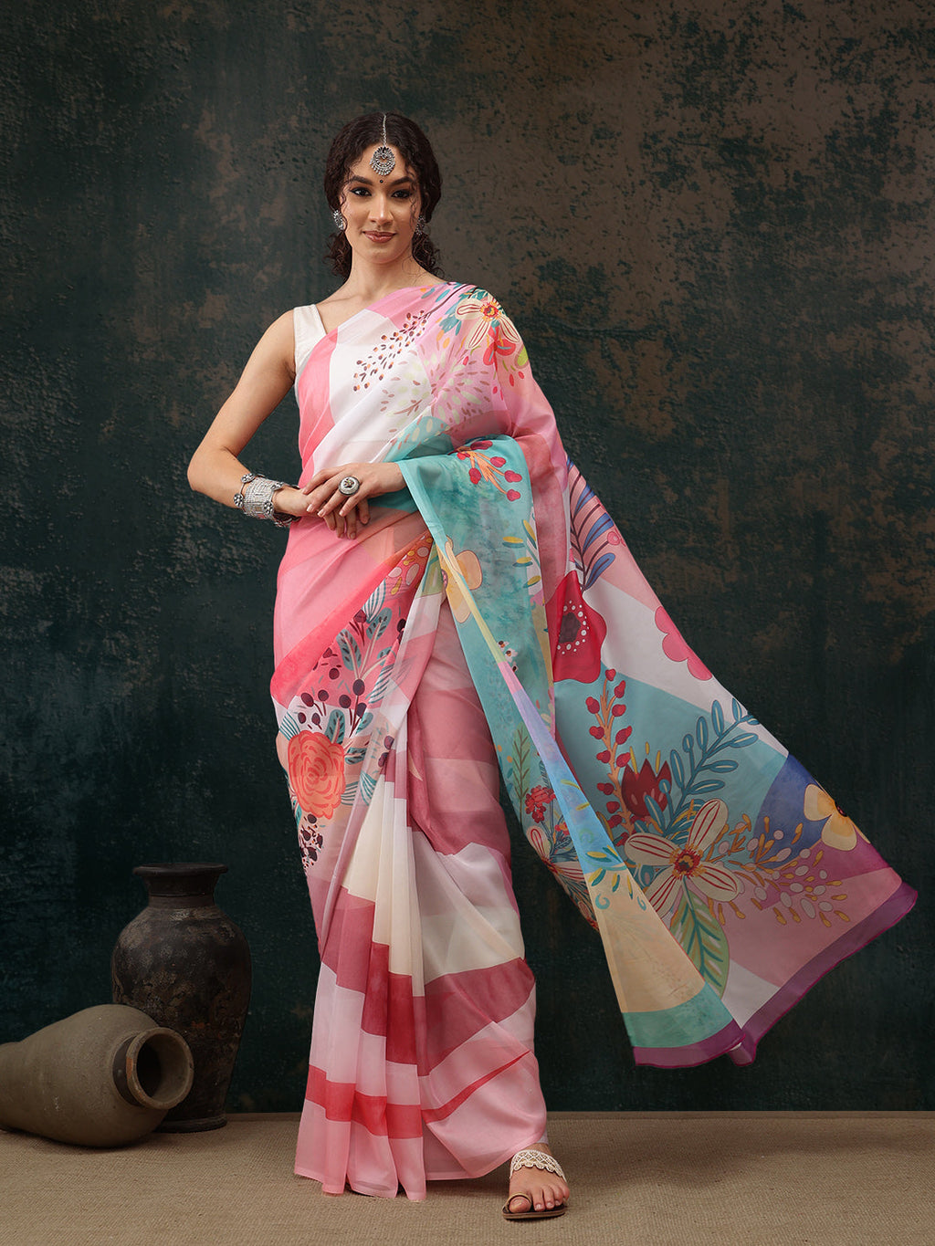 Multicolor polyester saree featuring a vibrant digital floral print