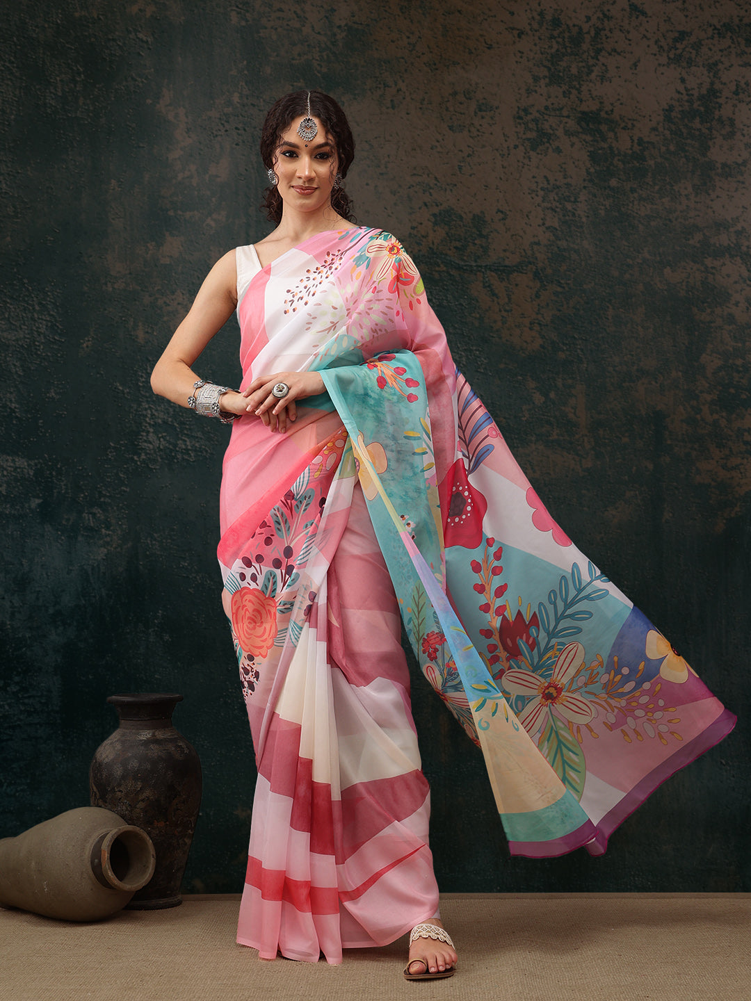 Multicolor polyester saree featuring a vibrant digital floral print