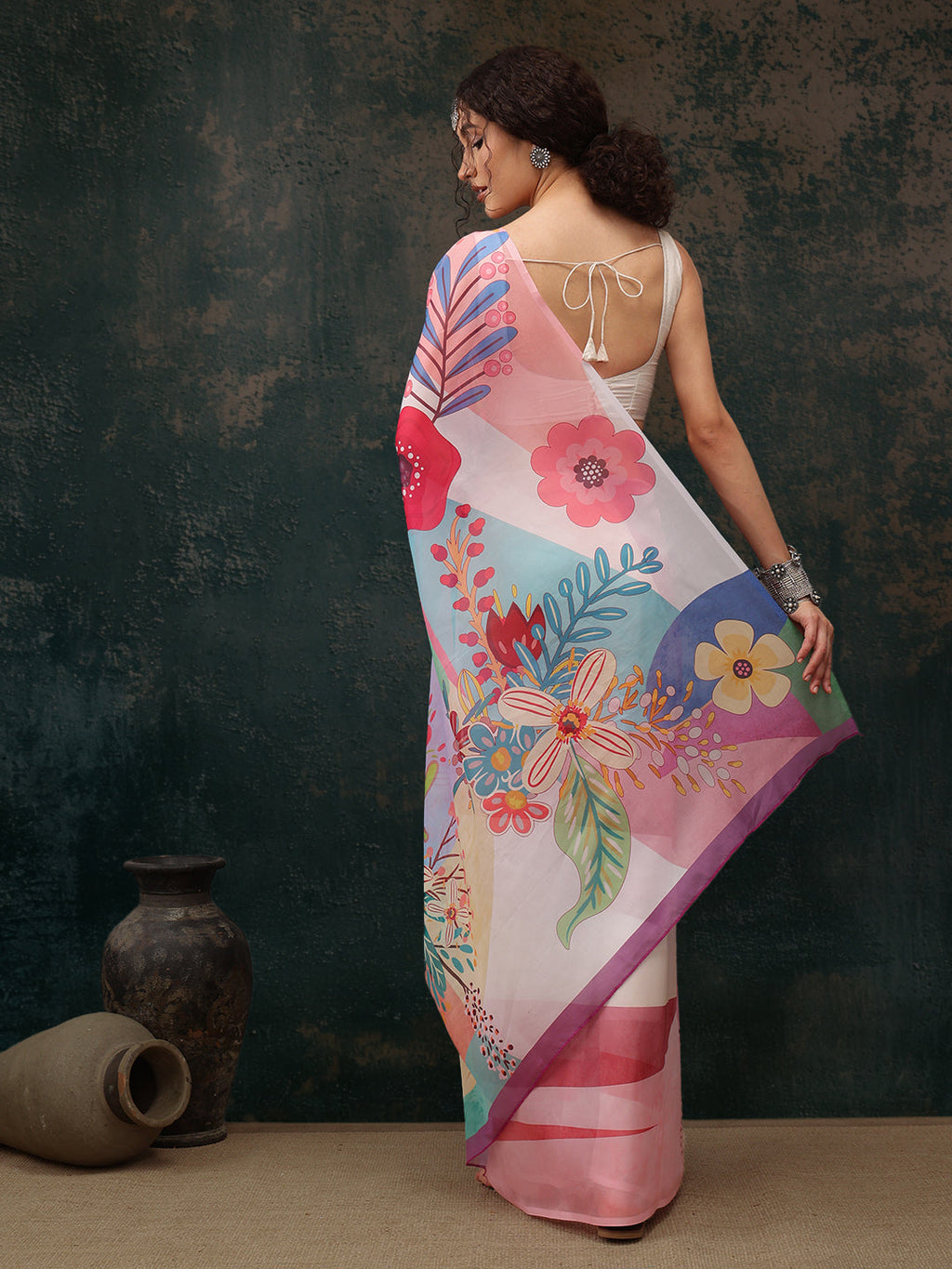 Multicolor Polyester Digital Print Floral Saree