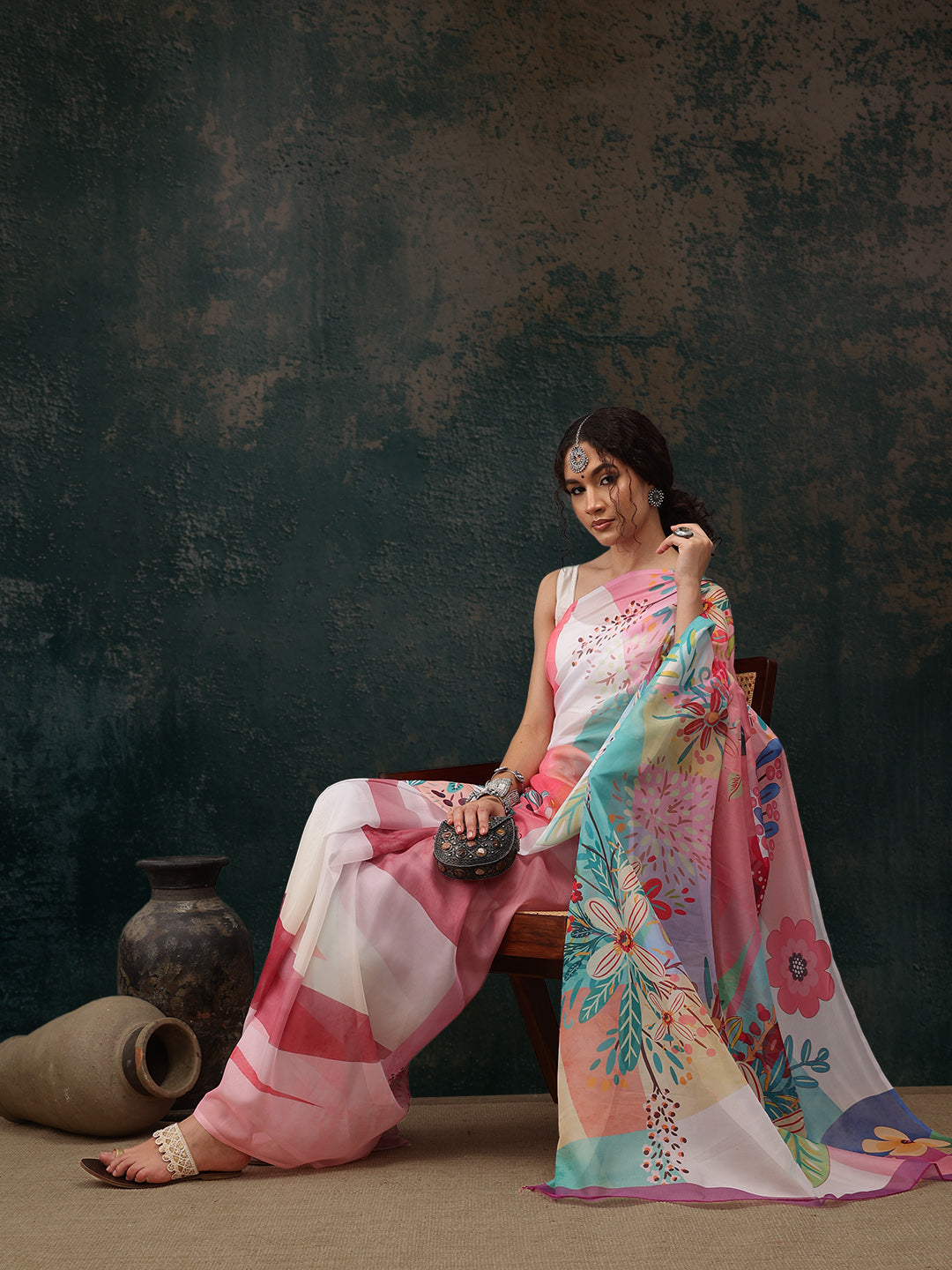 Multicolor Polyester Digital Print Floral Saree