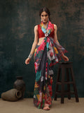 Gray polyester floral digital print saree with matching unstitched blouse.